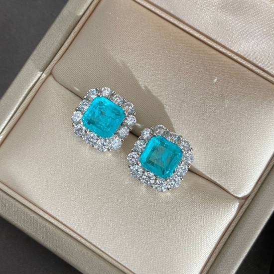 Blue square ice flower cut high carbon diamond earrings