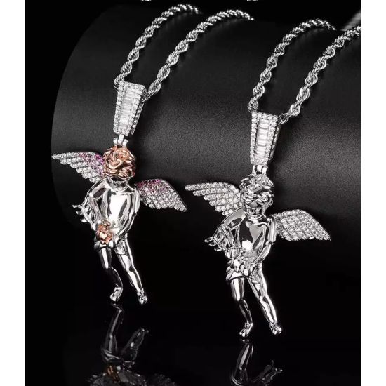 Bling Iced Out Cupid Cubic  Mens Gold Plated Angel Pendant